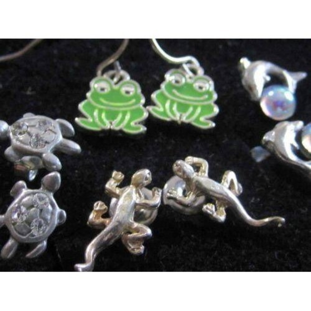 Animal Earring Set 4 Pairs‎ Frog Turtle Lizard Dolphin Silver Tone Green Enamel - Picture 4 of 4